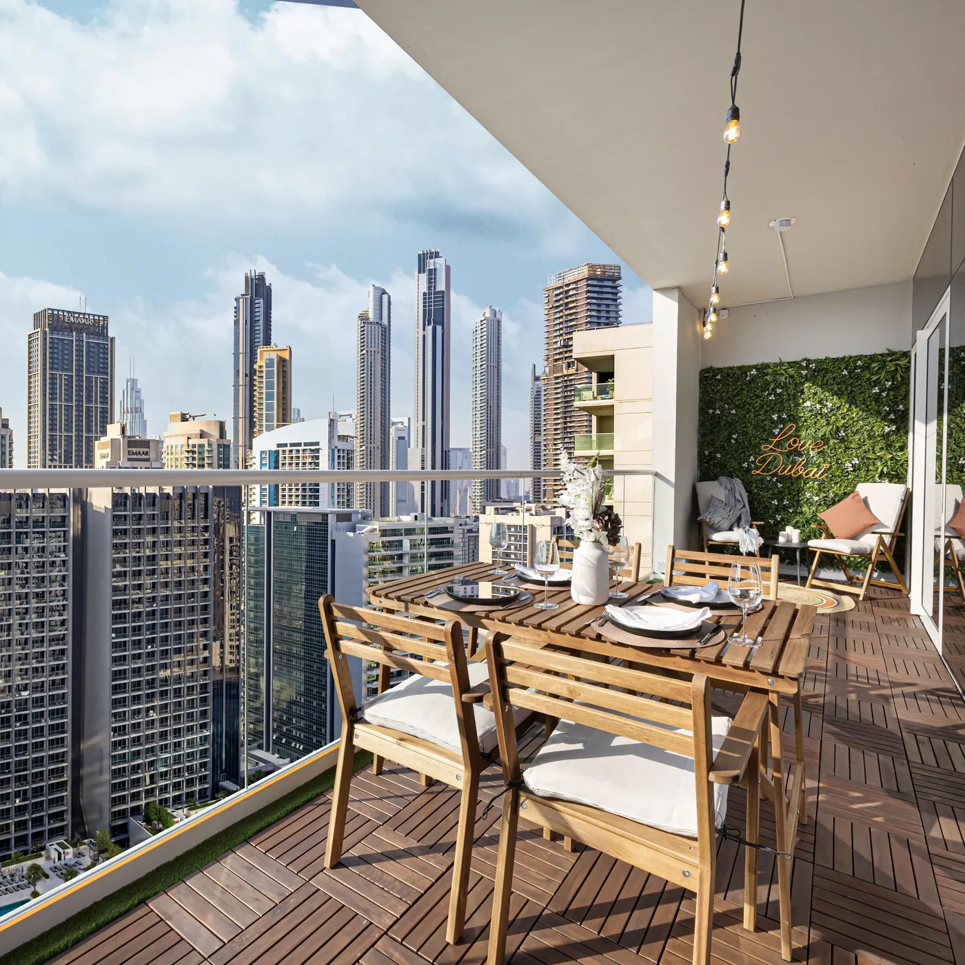 Bright Dubai apartment managed by RentUp, rooftop terrace with skyline view