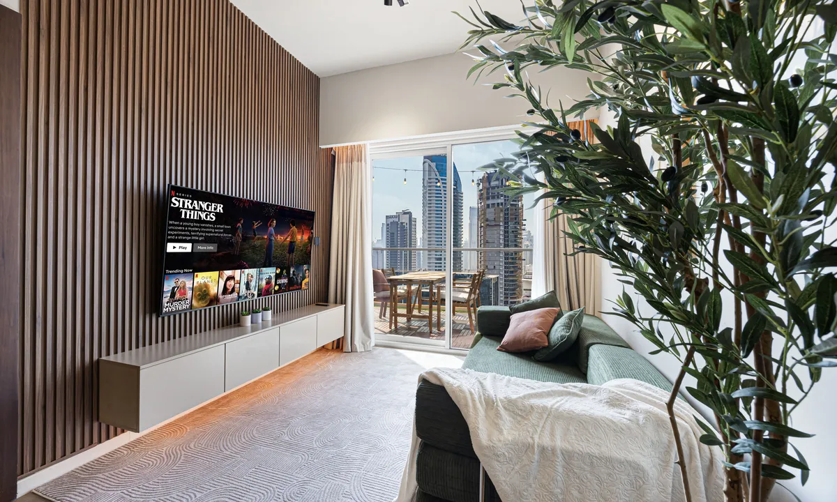 Vera Residences two-bedroom apartment balcony with Downtown Dubai skyline view