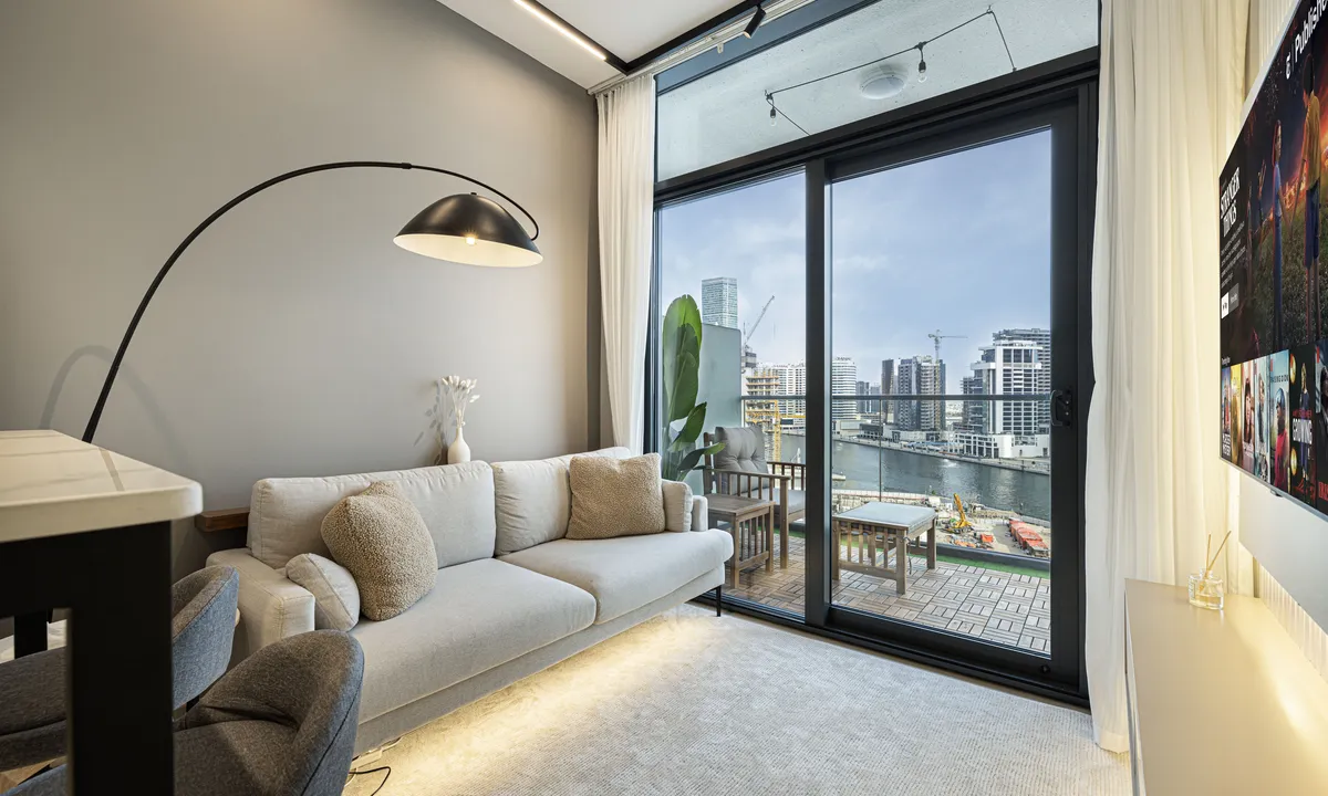 Zada Tower living room with waterfront view